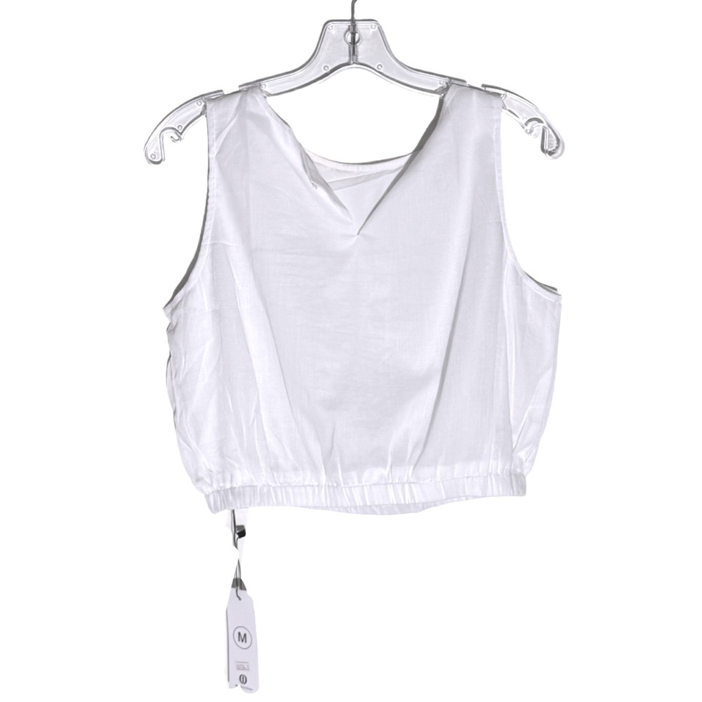 NWT Womens Crop Linen Tank Top White Sleeveless Boat Neck Summer Beach Blouse Md - Picture 5 of 8